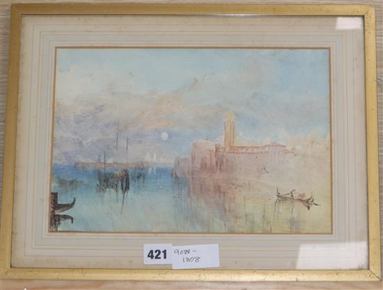 After Turner, watercolour, Venice moonrise, inscribed verso, 21 x 30cm